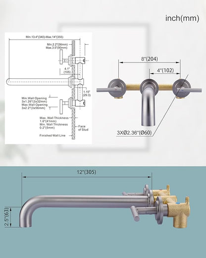 WOWOW Wall Mount Tub Filler: Brushed Nickel Tub Faucet High Flow Two Handles Solid Brass, Long Spout Reach,Tub Faucet Bathroom Bathtub Faucets with 2 Handles with Brass Rough in Valve Included