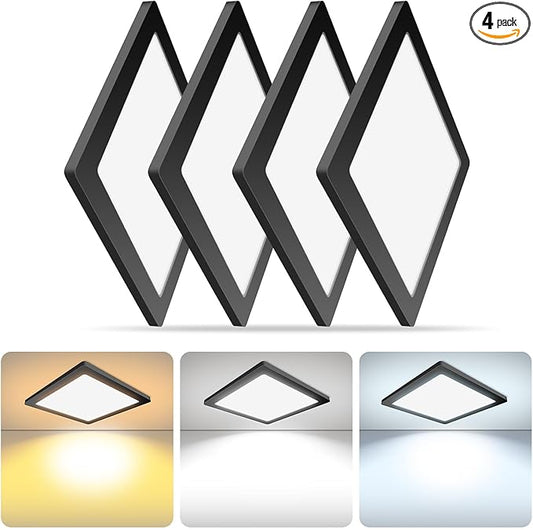 mw 4 Pack 9 Inch Square Black Ceiling Light, 18W, 120V, 3000K/4000K/5000K, Dimmable Slim LED Ceiling Light, Low Profile Fixtures for Bedroom, Kitchen, Hallway, Laundry, ETL Listed, Each Side is 8.43"