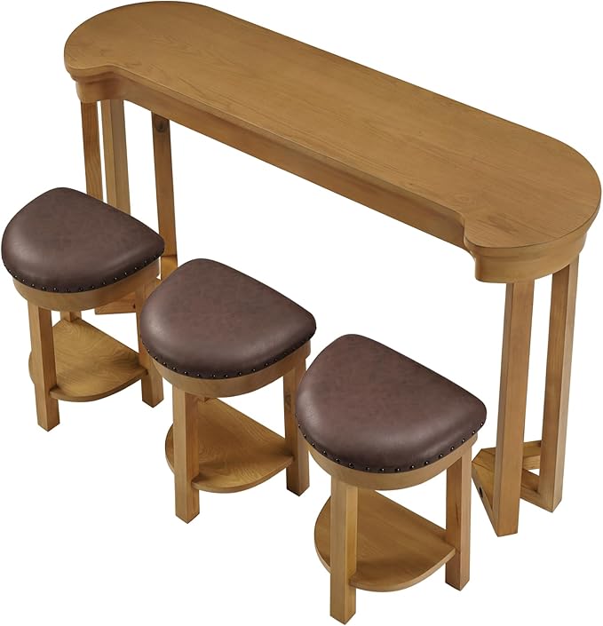 Bar Table and Chairs Set of 4 with 3 PU Upholstered Bar Stools, Breakfast Bar Table, Solid Wood Bar Height Dining Table Set, for Kitchen, Living Room, Party Room, Small Space (Natural)