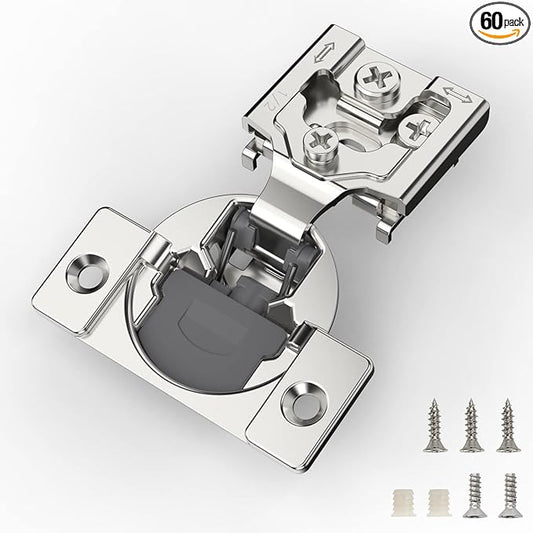 Furniware 60 Pieces 1/2 inch Overlay Soft Close Hinges for Kitchen Cabinet Hinges Satin Nickel Hidden Hinges Soft Closing Cabinet Hinges Stainless Steel Concealed Hinge self Closing 105 Degree