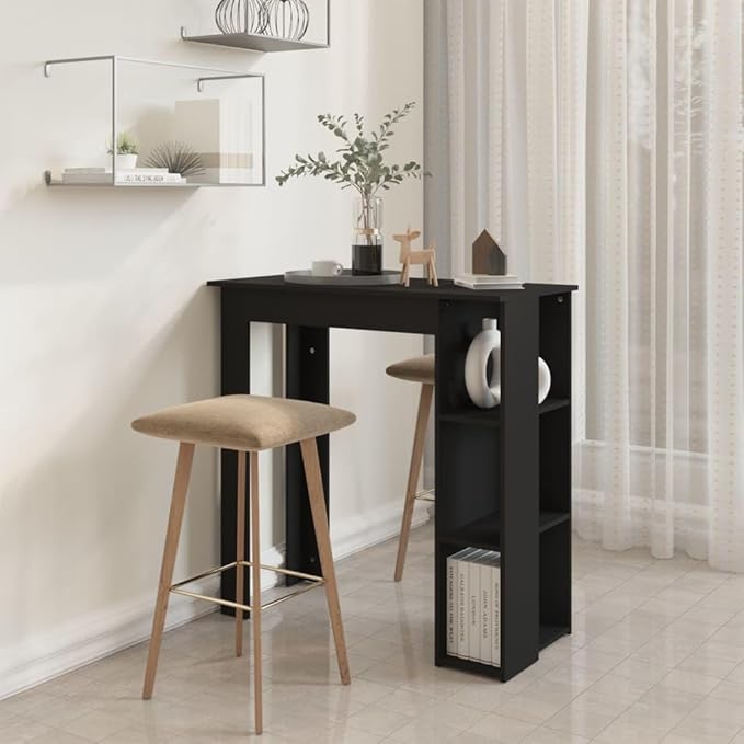Black Engineered Wood Bar Table with Shelves Modern Design Durable Rectangular Matte Finish for Dining Kitchen Living Room