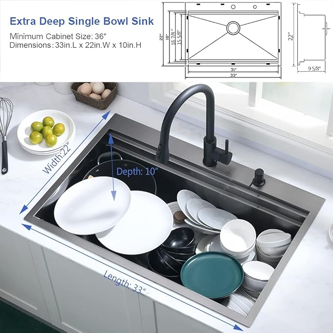 33 Inch Black Kitchen Sink Drop In Workstation-Hovheir 33x22 Drop In Top Mount Kitchen Sinks Black Stainless Sink 16 Gauge Stainless Steel Deep Single Bowl Workstation Sinks with Cutting Board