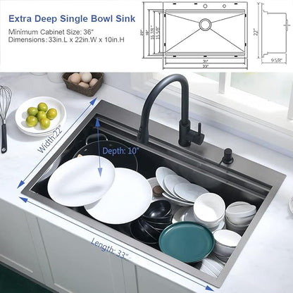 33 Inch Black Kitchen Sink Drop In Workstation-Hovheir 33x22 Drop In Top Mount Kitchen Sinks Black Stainless Sink 16 Gauge Stainless Steel Deep Single Bowl Workstation Sinks with Cutting Board