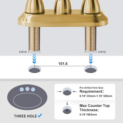 Brushed Gold Bathroom Faucet with Pop-up Drain Assembly, 2 Handles Centerset Bathroom Sink Faucet 4 Inch with 360° Swivel Spout, Stainless Steel Faucet for Vanity Sink with Water Supply Lines