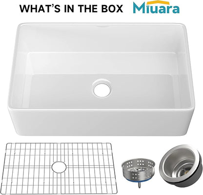 Miuara Farmhouse Sink 33 Inch - White Apron Front Kitchen Sink Reversible 33"x20"x10", Undermount, Farm House Style Large Deep Single Bowl, Heavy Duty Solid Fireclay, Glossy White, for Kitchen