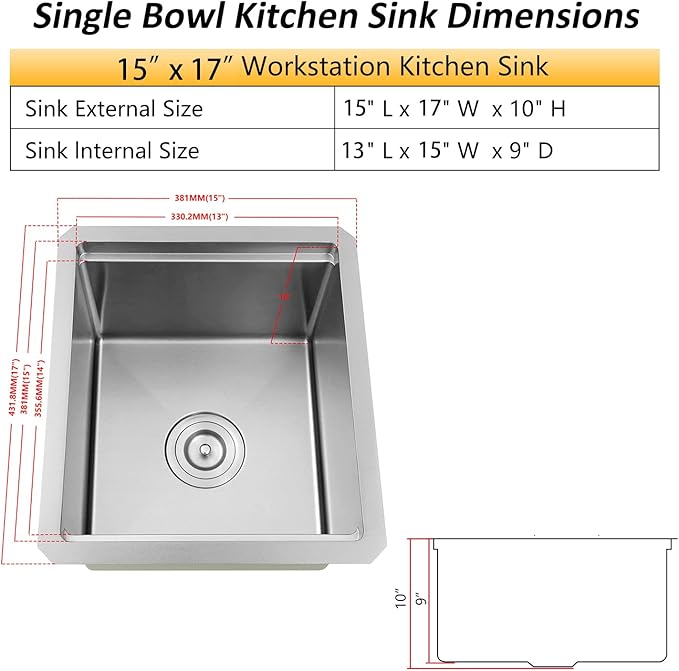 Undermount Bar Sink, 16 Gauge 304S Stainless Steel Workstaion Sink with Accessories, 15" x 17" x 10" Small Kitchen SinkS for Outdoor, RV,Prep Sink, Bathroom and Wet Bar