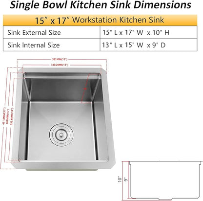Undermount Bar Sink, 16 Gauge 304S Stainless Steel Workstaion Sink with Accessories, 15" x 17" x 10" Small Kitchen SinkS for Outdoor, RV,Prep Sink, Bathroom and Wet Bar