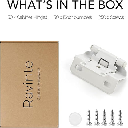 Ravinte 50 Pack 25 Pairs Semi-Overlay 1/2 inch Self-Closing Face Frame Cabinet Hinges White Half Wrap-Around Kitchen Door Hinges Face Mount Cabinet Hardware