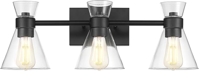 Globe Electric 63000055 3-Light Vanity Light, Matte Black, Clear Glass Shades, Bathroom Lights Over Mirror, Lights for Bathroom, Powder Room Lighting, Makeup Mirror Lights, Home Décor, Bathroom Décor