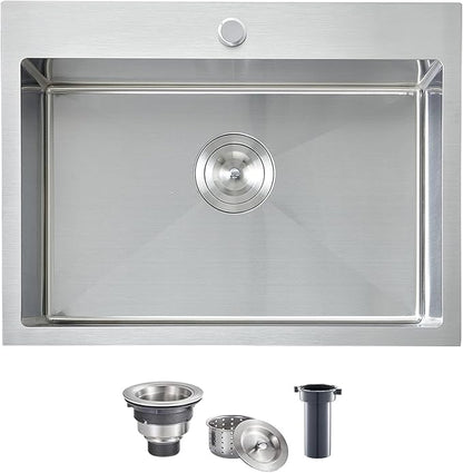 VCCUCINE 22x18 Inch Drop in Kitchen Sink,16 Gauge Topmount RV Small Kitchen Bar Sink, Handmade Stainless Steel Wet Bar Sink, Outdoor Single Bowl, Brushed Nickel Prep Sink with Strainer