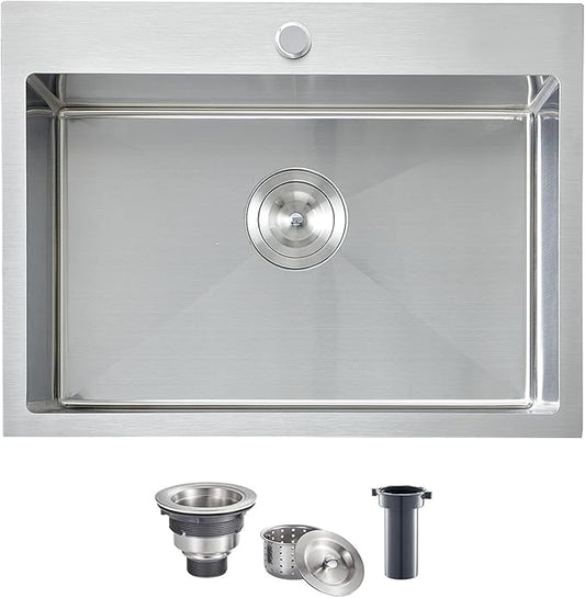 VCCUCINE 22x18 Inch Drop in Kitchen Sink,16 Gauge Topmount RV Small Kitchen Bar Sink, Handmade Stainless Steel Wet Bar Sink, Outdoor Single Bowl, Brushed Nickel Prep Sink with Strainer