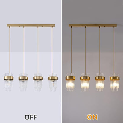 Dijiahua 4-Light Gold Pendant Lights Kitchen Island Over Table, Modern Crystal Brushed Brass Linear Chandeliers,Adjustable Cord Hanging Counter Lamp Fixture for Dinning Room,Sink