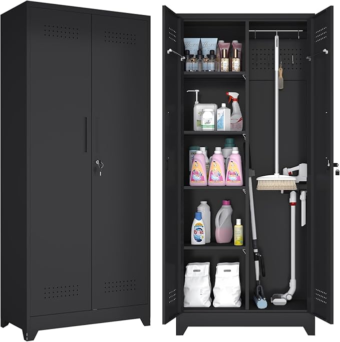 GREATMEET Metal Garage Storage Cabinet, 73" H Broom Closet Storage Cabinet, Locking Utility Cabinet with Doors and Shelves for Garage, Home, Black