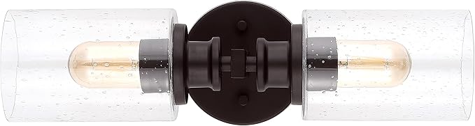 JONATHAN Y 16.5" Oil Rubbed Bronze 2-Light LED Wall Sconce, Modern Farmhouse Vanity Light with Seeded Glass Shade, Industrial Iron Fixture for Bathroom Mirror, LED Bulbs Included (JYL7577B)