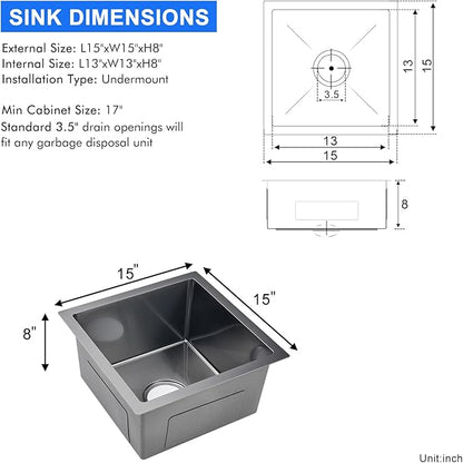 MENATT 15 x 15 Inch Black Undermout Kitchen Sink, 304 Stainless Steel Handmade Single Bowl Small Kitchen Bar or Prep Sink, D15"xW15"xH8"