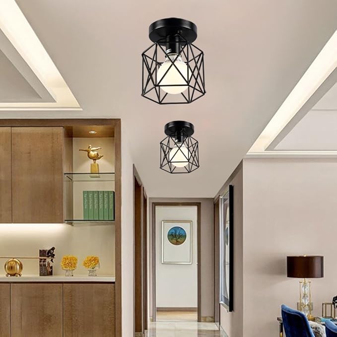KOONTING Retro Vintage Industrial Flush Mount Ceiling Light, Mini Painting Metal Pendant Light Ceiling Light Fixture for Hallway Stairway Bedroom Kitchen, Black.