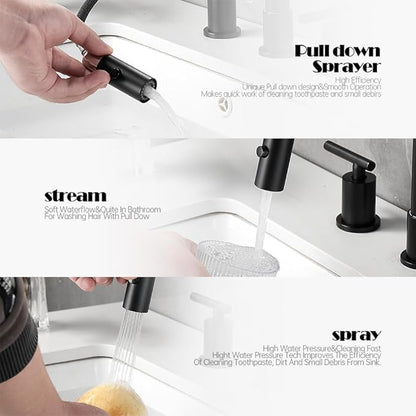 Ryuwanku Matte Black Pull Down Bathroom Faucet with Pop-up Drain, 8 inch Widespread Bathroom Faucet 3 Hole with Pull Down Sprayer 2 Modes. 8'' Matte Black Bathroom Faucet with Supply Lines