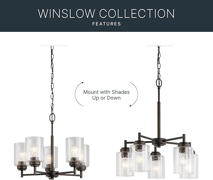 Kichler Winslow 19.75" Chandelier in Olde Bronze®, 5-Light Chandelier for Dining Room, Living Room, or Bedroom, Clear Seeded Glass, (19.75" W x 16" H), 44030OZ