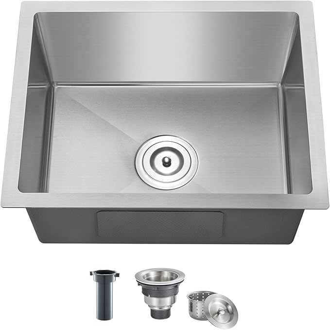 MENATT 23-Inch Undermount Kitchen Sink, 18 Gauge Stainless Steel Handmade Overmount Single Bowl Kitchen Sink - 9 Inch Deep Bowl Bar/Prep Sink Brushed, D23"x W16"x H9"