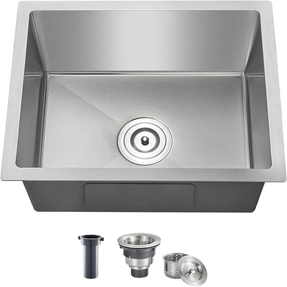 MENATT 23-Inch Undermount Kitchen Sink, 18 Gauge Stainless Steel Handmade Overmount Single Bowl Kitchen Sink - 9 Inch Deep Bowl Bar/Prep Sink Brushed, D23"x W16"x H9"