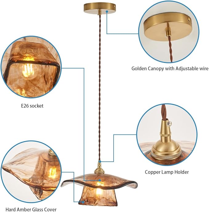 YLONG-ZS Pendant Lights Kitchen Island,Glass Hanging Pendant Light Brass,Vintage Gold Farmhouse Kitchen Hanging Lights for Island Dining Room Bedroom Living Room Hotel