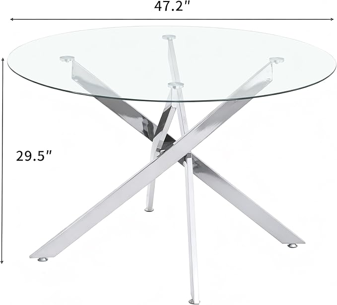 SSLine 47.2" Round Glass Dining Table for 4-6 Modern Circle Glass Tabletop Kitchen Table for 6 Luxury Dining Room Tables with Silver Nest-Shape Metal Base for Home Kitchen Dining Room