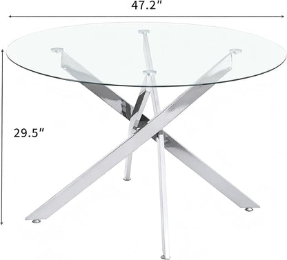 SSLine 47.2" Round Glass Dining Table for 4-6 Modern Circle Glass Tabletop Kitchen Table for 6 Luxury Dining Room Tables with Silver Nest-Shape Metal Base for Home Kitchen Dining Room