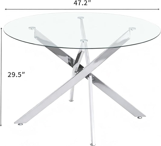 Modern Glass Dining Table Round Dining Room Table with Tempered Glass Top, Silver Metal Legs Circle Kitchen Dining Room Table for 4-6 People, 47" D x 47" W x 30" H