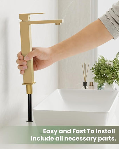 gotonovo Vessel Sink Faucet Single Handle Tall Bathroom Faucet One Hole Modern Lavatory Vanity Basin Mixer Tap Matching Supply Hoses and Pop up Drain Without Overflow, Brushed Gold