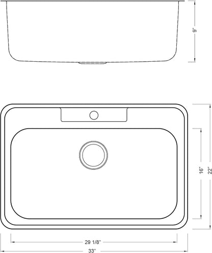 33 x 22 x 9 Inch Top-mount/Drop-in Stainless Steel Single Bowl Kitchen Sink with Strainer and Dishrack - 18 Gauge Stainless Steel-1 Faucet Hole