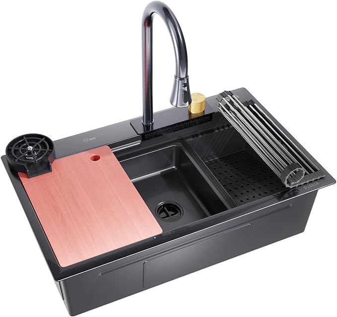 33x17.7" Drop In Kitchen Sink with Faucet, 10" Basin Depth Undermount Kitchen Sinks, Stainless Steel Sink with Cup Washer, Drain Strainer, Cutting Board, Colander, Storage Basket & Roll-up Rack