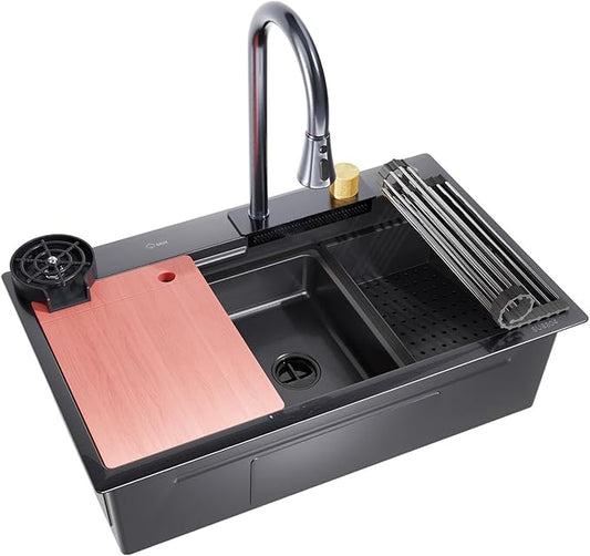 33x17.7" Drop In Kitchen Sink with Faucet, 10" Basin Depth Undermount Kitchen Sinks, Stainless Steel Sink with Cup Washer, Drain Strainer, Cutting Board, Colander, Storage Basket & Roll-up Rack