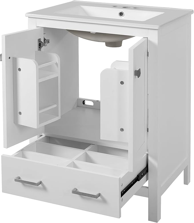 Favfurish 24" Modern Bathroom Vanity with Ceramic Sink, Freestanding Storage Cabinet w/2 Soft-Close Doors & 1 Drawer, Double-Layer Door Shelf, Solid Wood Frame for Small Bathrooms, Easy Assembly,White