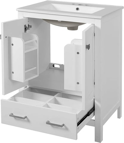 Favfurish 24" Modern Bathroom Vanity with Ceramic Sink, Freestanding Storage Cabinet w/2 Soft-Close Doors & 1 Drawer, Double-Layer Door Shelf, Solid Wood Frame for Small Bathrooms, Easy Assembly,White