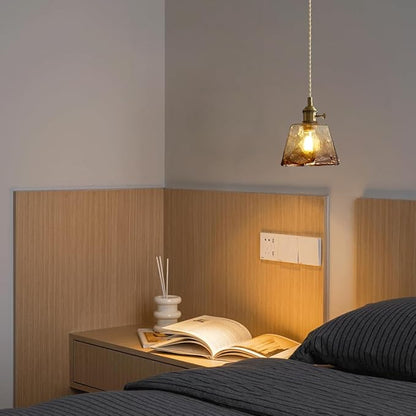 Vintage Pendant Light Fixtures, Amber Glass Lampshade with Switch Indoor Pendant Lighting for Bedside Dining Room Bathroom, Brass