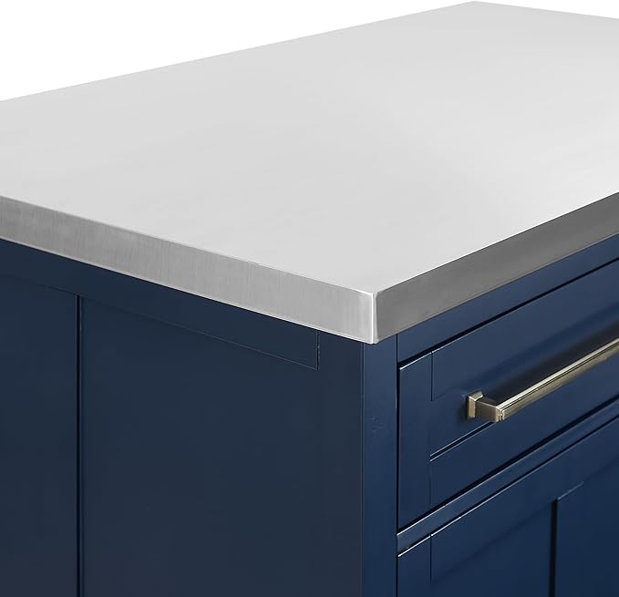 Crosley Furniture Silvia Stainless Steel Top Kitchen Island, Microwave Stand, Coffee Bar, with Shelves, Navy/Stainless Steel