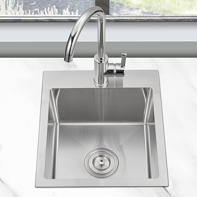 15 inch Bar Sink Drop in, 304 Stainless Steel Sink Single Bowl, 15"x17"x8" Small Sink Topmount for Wet Bar, Prep, RV, Apartment and Tiny Homes, Brushed