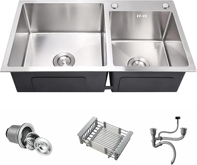 31" x 18" Silver Double Bowl Kitchen Sink, Drop-in/Topmount Overmount Kitchen Sinks with 304 Nano-Coated and Drainage Pipes & Fruit Basket