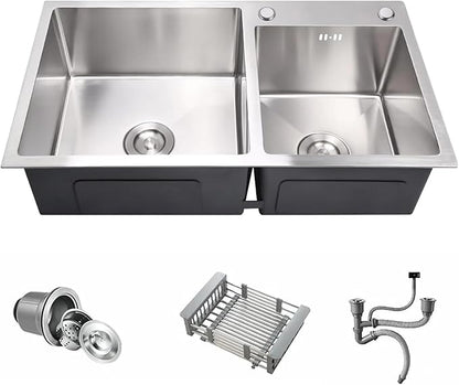 31" x 18" Silver Double Bowl Kitchen Sink, Drop-in/Topmount Overmount Kitchen Sinks with 304 Nano-Coated and Drainage Pipes & Fruit Basket