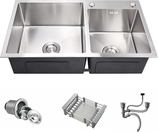 31" x 18" Silver Double Bowl Kitchen Sink, Drop-in/Topmount Overmount Kitchen Sinks with 304 Nano-Coated and Drainage Pipes & Fruit Basket