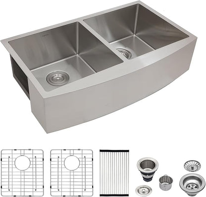 Logmey 33 inch Double Bowl Farmhouse Sink - 33x20 16 Gauge Stainless Steel Farm Sink Apron Front 50/50 Farm Kitchen Sinks