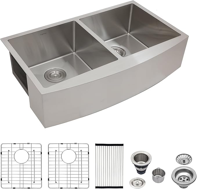 Logmey 36 Inch Double Bowl Farmhouse Kitchen Sink 36x20x9 Inch 60/40 Farm Apron Front Nano Coating Stainless Steel 16 Gauge Handmade Undermount Kitchen Sink