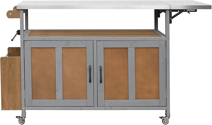 JIJIWANG 60.6" Mobile Kitchen Storage Island with Storage Cabinet and Towel Rack, Foldable Outdoor Kitchen Island with Stainless Steel Top and Lockable Wheels for Patio and Outdoor Espresso+Grey
