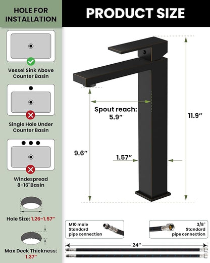 gotonovo Vessel Sink Faucet Single Handle Tall Bathroom Faucet One Hole Modern Lavatory Vanity Basin Mixer Tap Matching Supply Hoses and Pop up Drain Without Overflow, Oil Rubbed Bronze