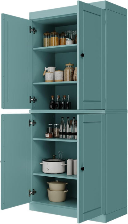 Palace Imports Solid Wood Kitchen Pantry Cabinet - 71.5" Tall x 32" Wide - Wooden Storage Cabinet with 4 Doors & Adjustable Shelves, Aqua, 100% Renewable Eco-Friendly Wood, Made in Brazil