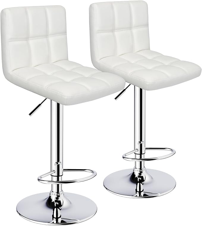 ERGOSEAT Bar Stools Set of 2,Armless Adjustable Swivel Barstools with Back,6-Squares Double Needle PU Leather Counter Height Bar Stools for Kitchen Island,White