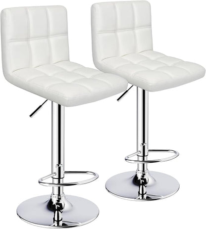 ERGOSEAT Bar Stools Set of 2,Armless Adjustable Swivel Barstools with Back,6-Squares Double Needle PU Leather Counter Height Bar Stools for Kitchen Island,White