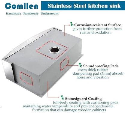 Comllen Commercial 30x20 Inch 304 Stainless Steel Farmhouse Sink, Single Bowl Kitchen Sinks 16 Gauge 9 Inch Deep Handmade Undermount Farm Apron Front Kitchen Sink