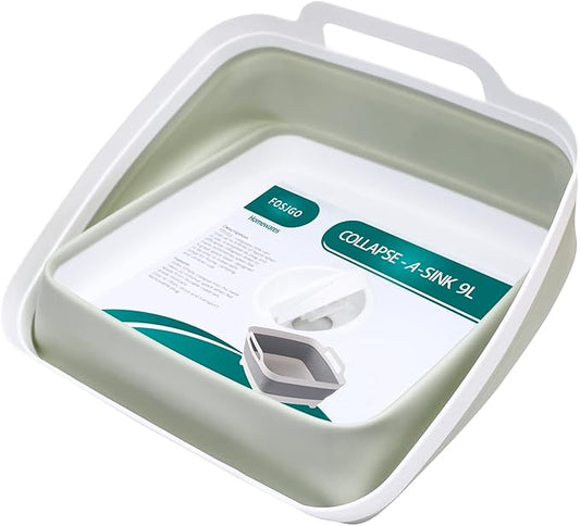 FOSJGO Collapsible Dish Basin with Drain Plug and Carry Handles - 9L Capacity, Portable Sink Tub for Camping and RV