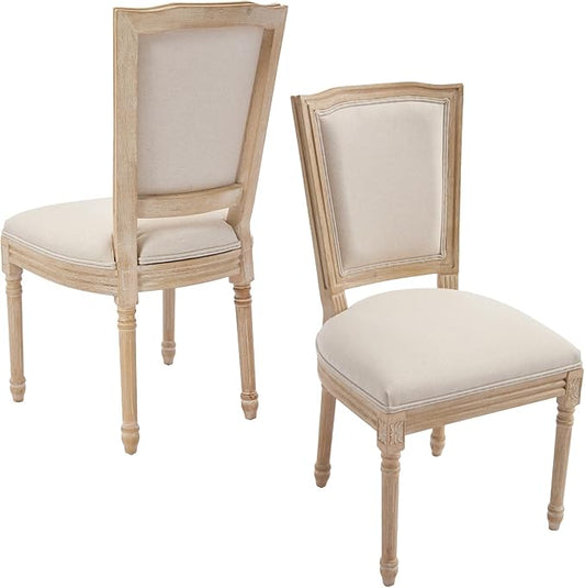 Farmhouse Vintage Dining Chairs Set of 2, Linen Fabric Dining Chairs with Square Rattan Backrest, Kitchen & Dining Room Chairs for Restaurant/Living Room (Beige-Padded, Set of 2)